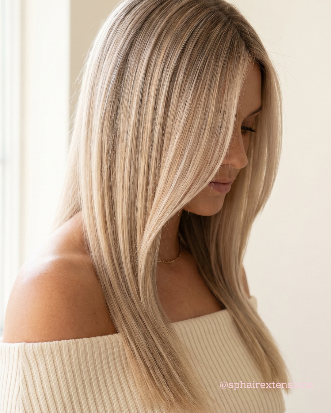 SP Hair Extensions client with naturally blended dimensional blonde hair