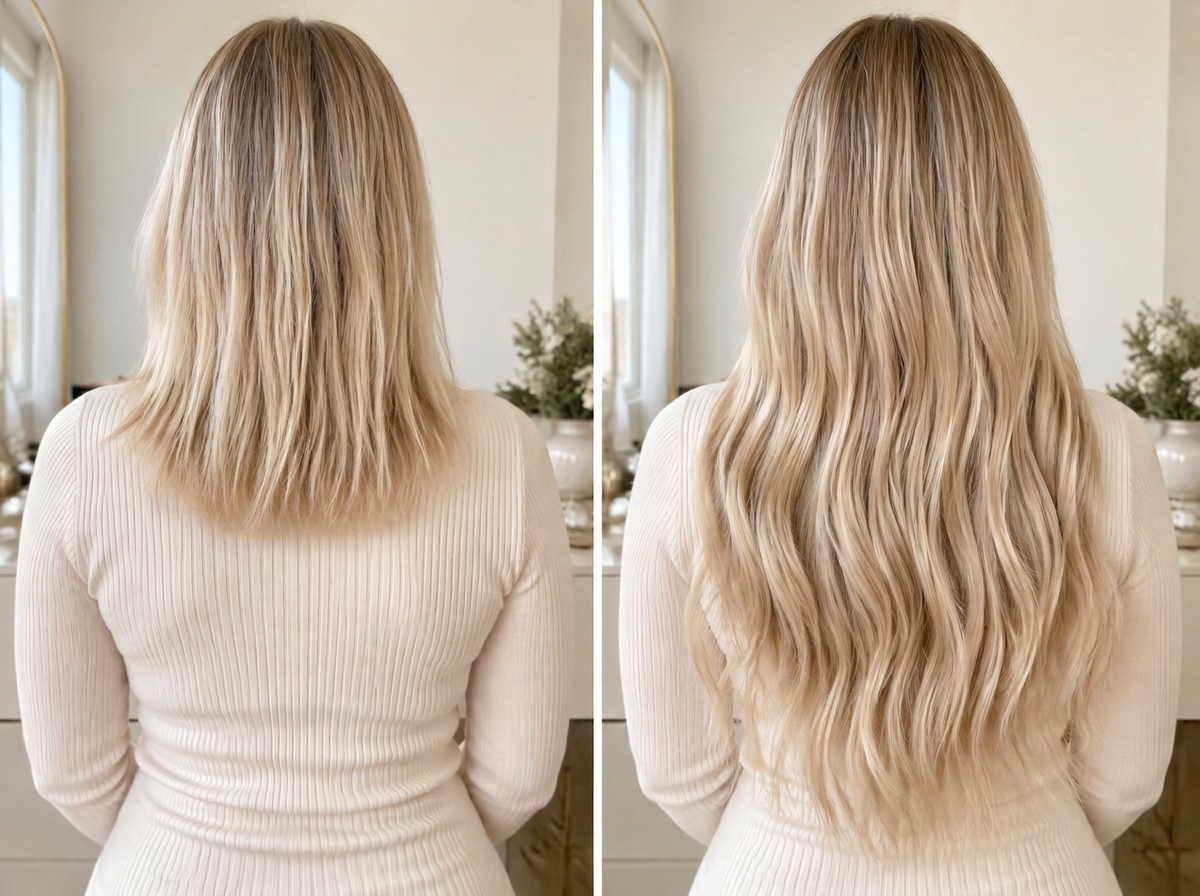 Blonde hair before and after a natural extension transformation