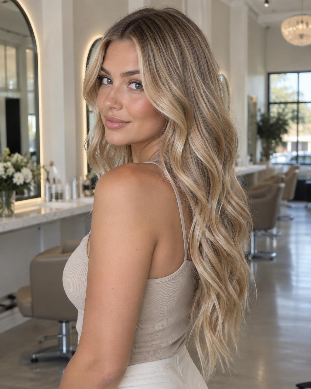 Woman with long, natural-looking hair extensions in a luxury salon