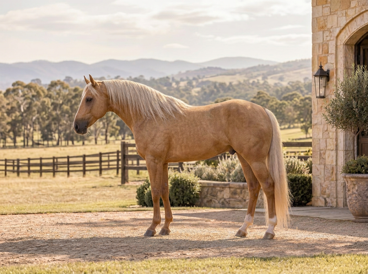 Palomino reining Quarter Horse with a long healthy cream mane and tail
