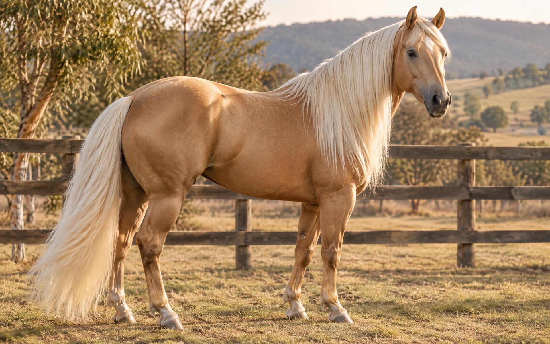 Palomino reining-bred Quarter Horse with a thick, clean, flowing mane and tail in an Australian acreage setting